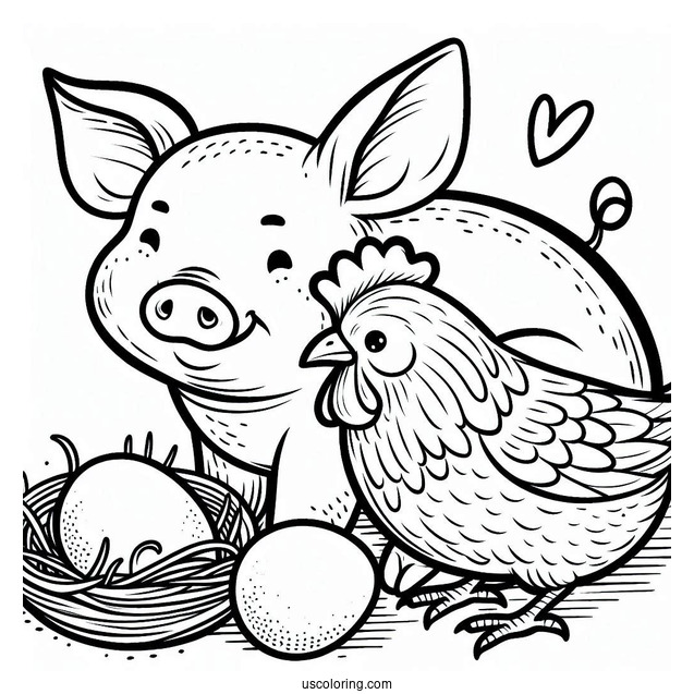 Detailed Pig And Chicken Coloring Sheet