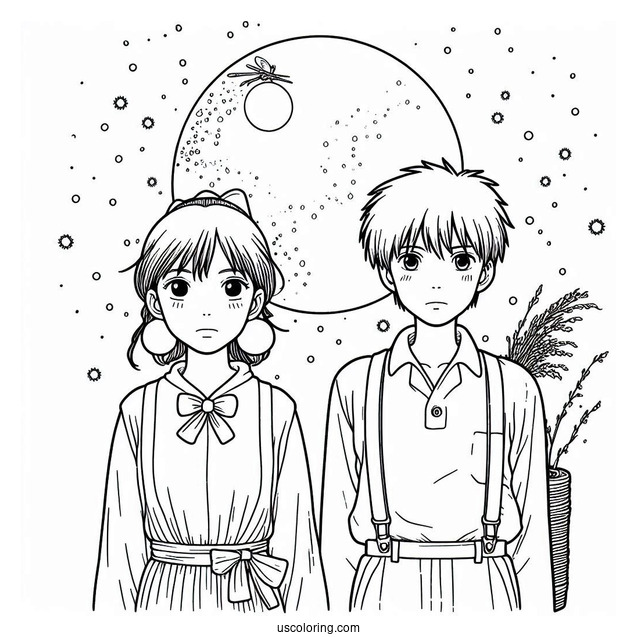 Studio Ghibli Coloring Page of Outline Of Seita And Setsuko From Grave Of The Fireflies