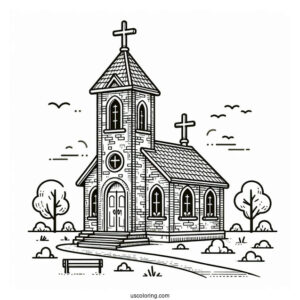 Brick Church Coloring Page Building With Crosses And A Bell Tower