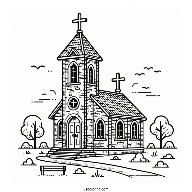Brick Church Coloring Page Building With Crosses And A Bell Tower
