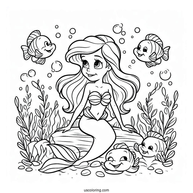 Coloring Page Of Ariel Under The Sea With Flounders