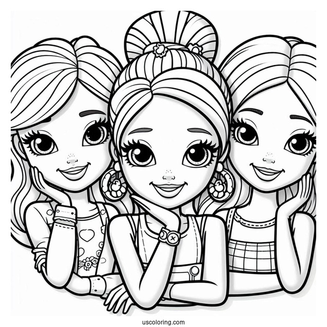 Polly Pocket Coloring Page Of Shani Smith, Lila Draper, And Nikolas Wells Grinning
