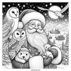 North Pole Coloring Page Of Realistic Santa Claus With An Owl And Polar Bears