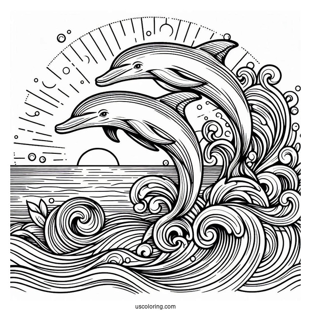 Two Dolphins Swimming In Waves