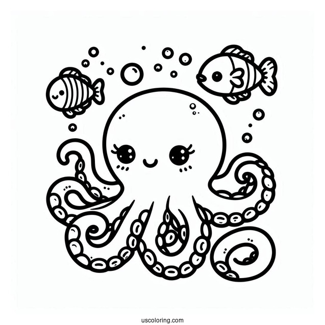 Kawaii Octopus Coloring Page Swimming With Fish