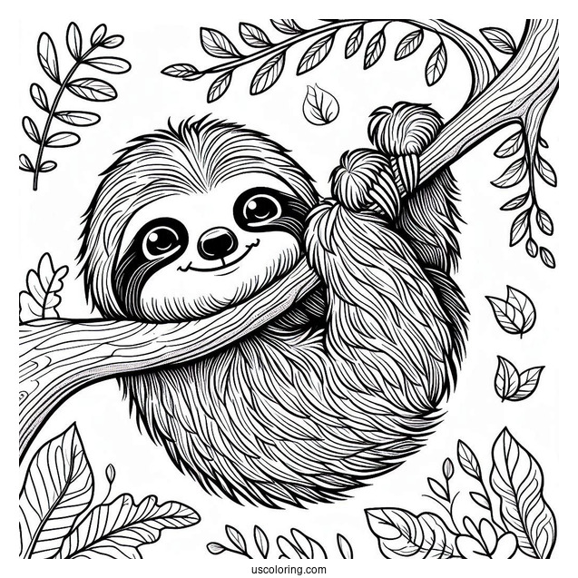 Smiling Sloth Hanging From Tree Branch To Color