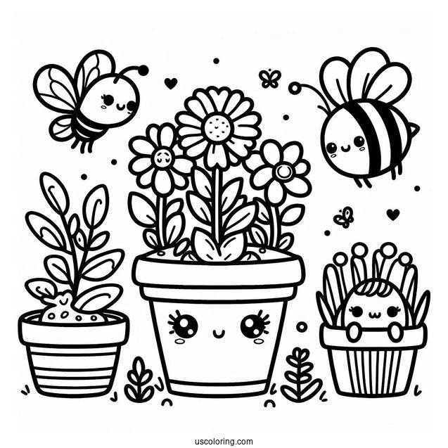 Spring Coloring Page Kawaii Flower Pot With Bee And Butterfly For Kids