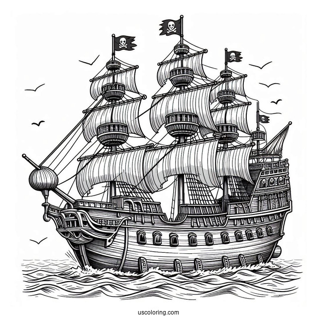 Front View Of A Realistic Pirate Ship Coloring Page