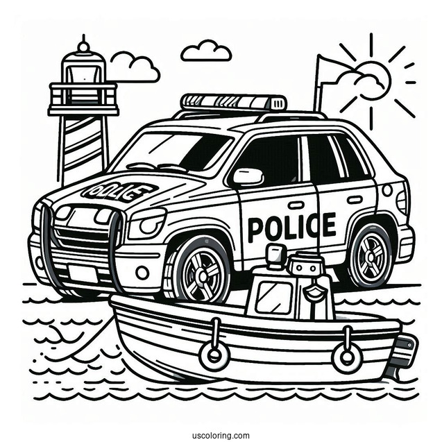 Police Car Coloring Page Parked On A Port Beside A Police Boat