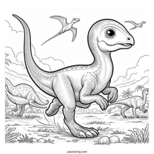 Young Parasaurolophus Coloring Page Running With Other Dinosaurs