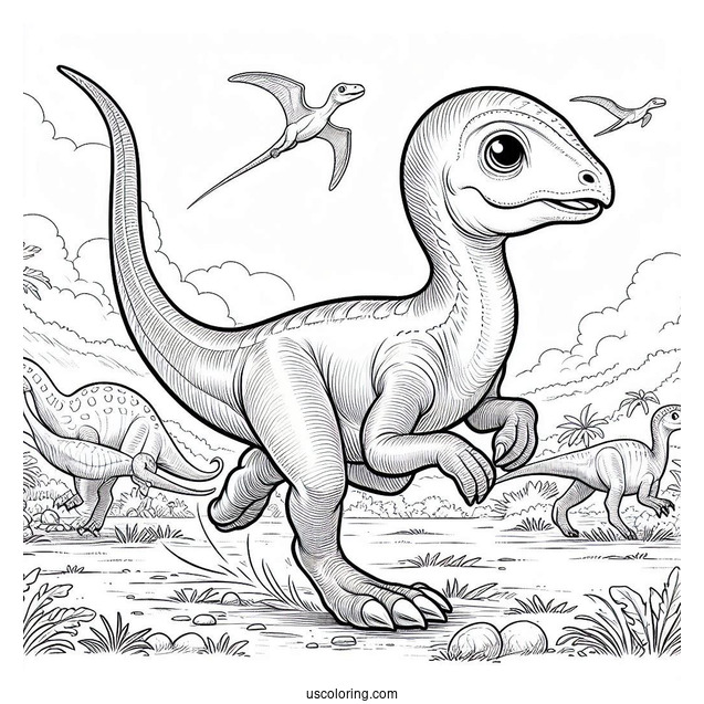Young Parasaurolophus Coloring Page Running With Other Dinosaurs