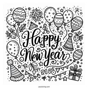 Happy New Year Coloring Page Of Words With Balloons, Party Hats, And Confetti