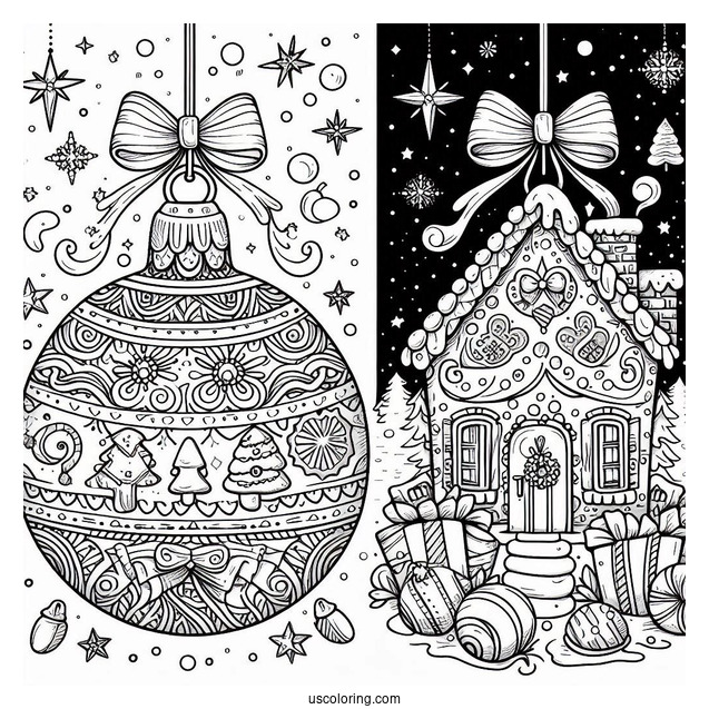 Christmas Coloring Pages For Adults Of Christmas Bauble With Gingerbread House Inside