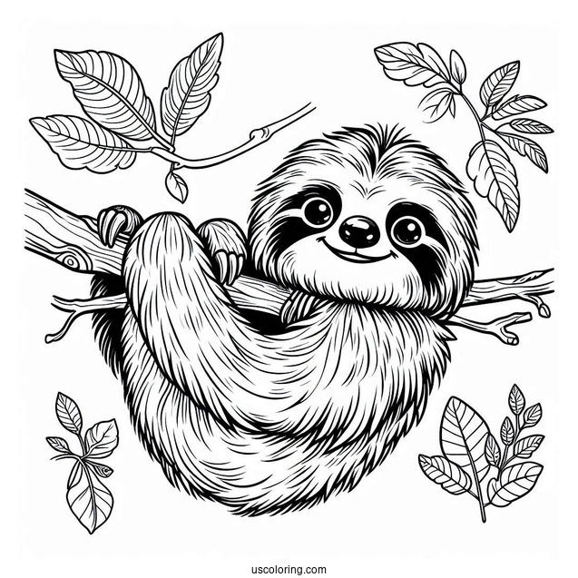 Smiling Sloth Hanging From Tree Branch To Color