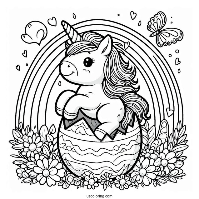 Unicorn Popping Out Of Easter Egg On Rainbow Coloring Sheet