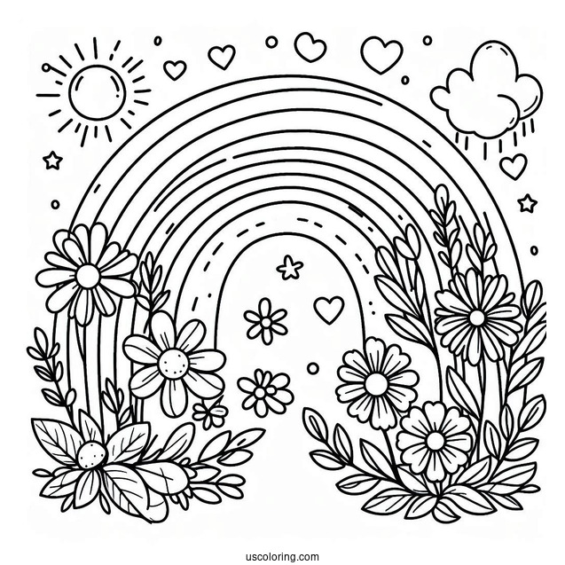 Spring Coloring Page Rainbow With Flowers For Preschoolers