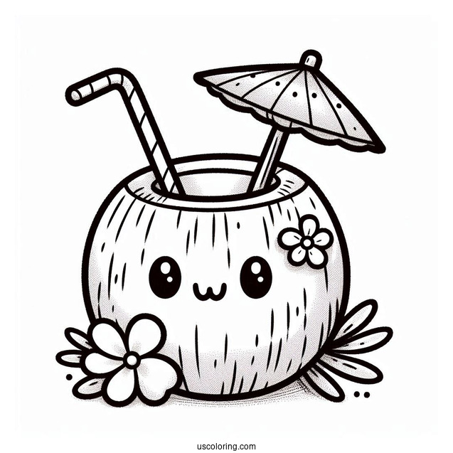 Cute Smiling Coconut Coloring Page Drink With Flower And Mini Umbrella For Kids