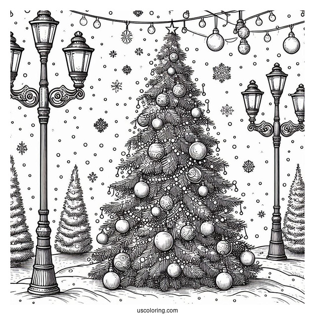 Christmas Tree In The Snow With Lamp Posts