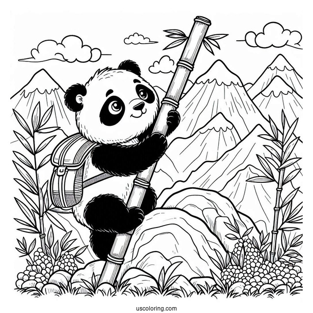 Explorer Panda Coloring Page Climbing Bamboo in the Mountains