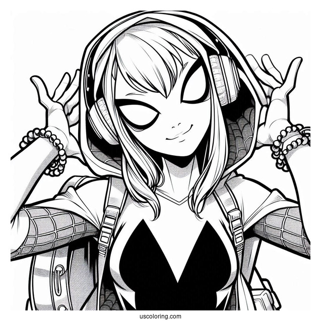 Spider-Gwen Coloring Page Wearing Headphones And Backpack