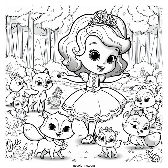 Sofia The First Coloring Page In The Forest With Animal Friends