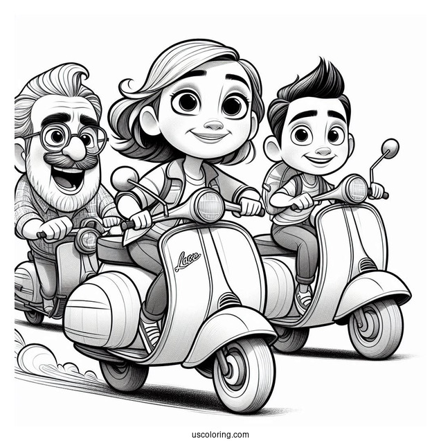 Pixar Coloring Page of Luca, Alberto, And Guila Riding Scooter