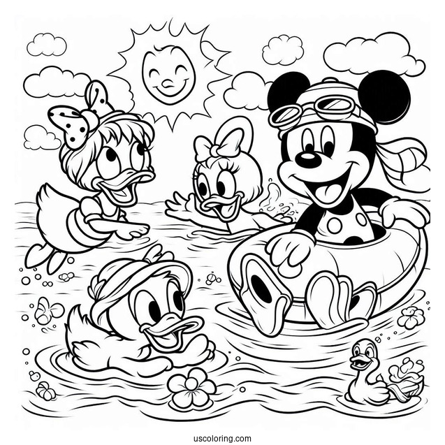 Swimming Coloring Page Of Donald Duck, Daisy Duck, Mickey Mouse, And Minnie Mouse, With Pluto Playing In The Sea