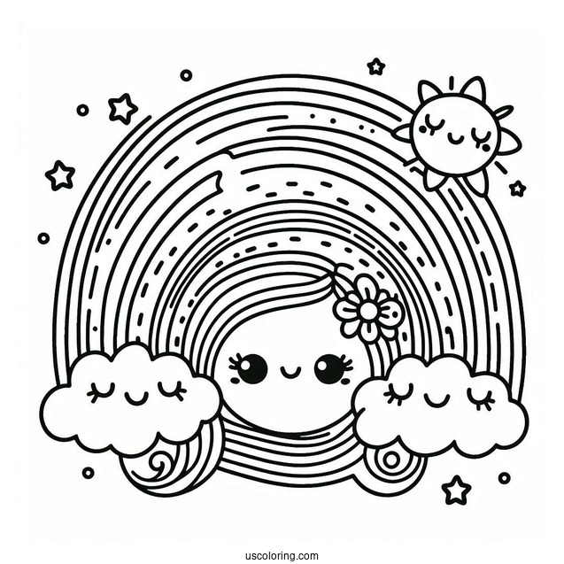 Easy Rainbow With Smiling Faces Coloring Sheet For Kids