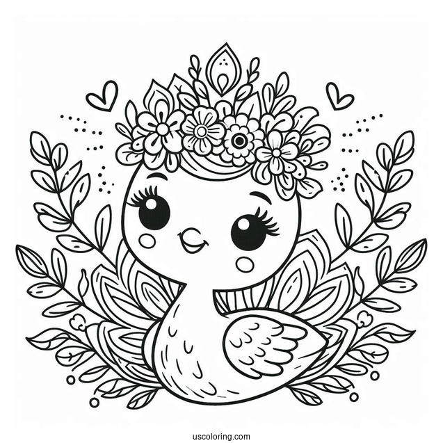 Smiling Cartoon Peacock Coloring Page with Floral Crown and Fanned Feathers For Kids