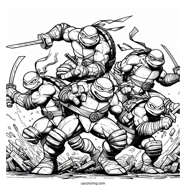 Ninja Turtles Coloring Page Of Raphael, Donatello, Michelangelo, And Leonardo Charging At Enemy