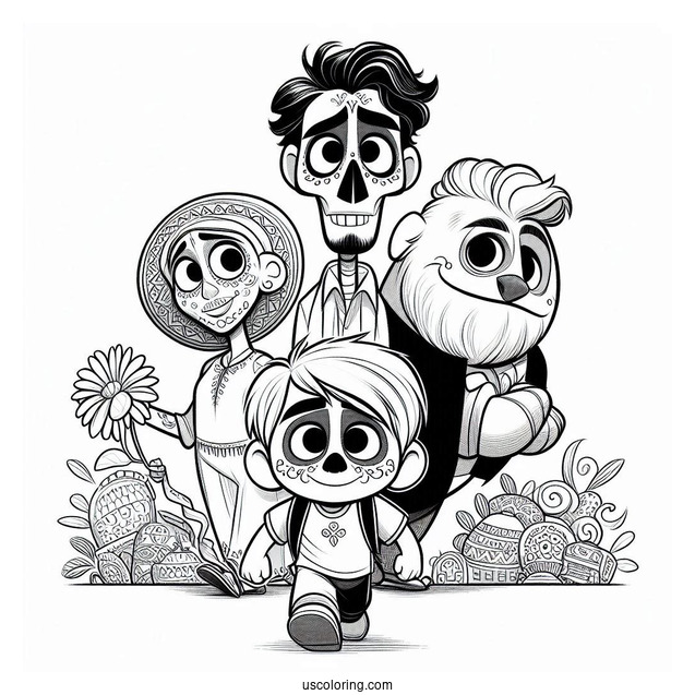 Pixar Coloring Page of Hector, Coco, And Dante In The Land Of The Dead