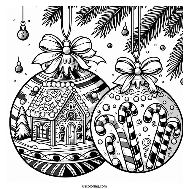 Gingerbread House And Candy Canes Inside Bauble Christmas Ornaments Coloring Page