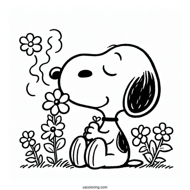 Snoopy Smelling Flowers To Color