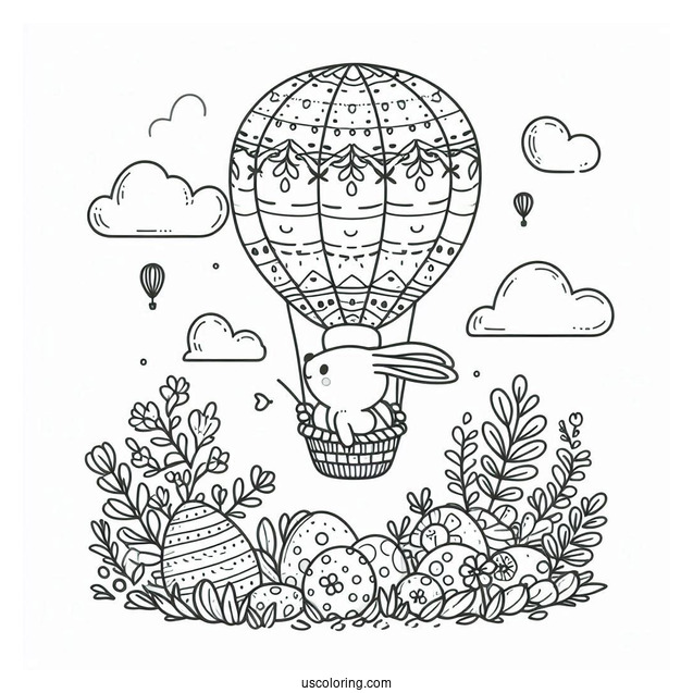 Easter Coloring Page Of Rabbit Flying In An Easter Egg Hot Air Balloon