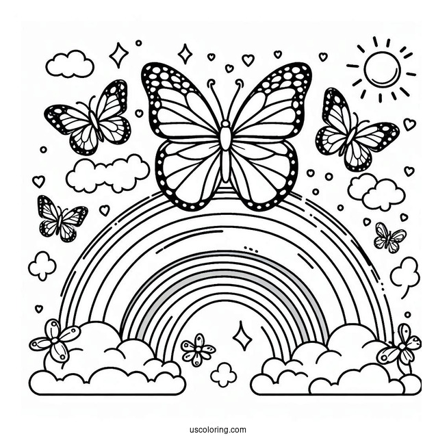 Butterflies Flying Over A Rainbow Coloring Page For Kids