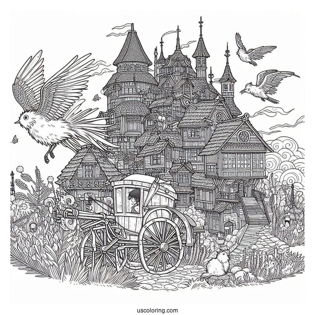 Studio Ghibli Coloring Page of Detailed Howl s Moving Castle