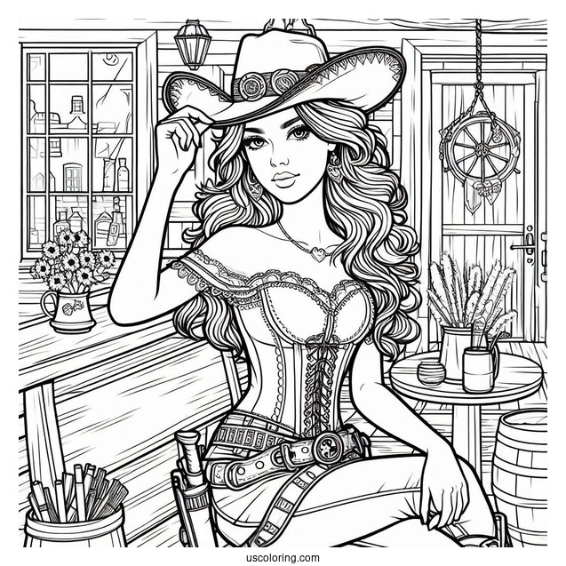 Female Cowboy Coloring Page In Saloon
