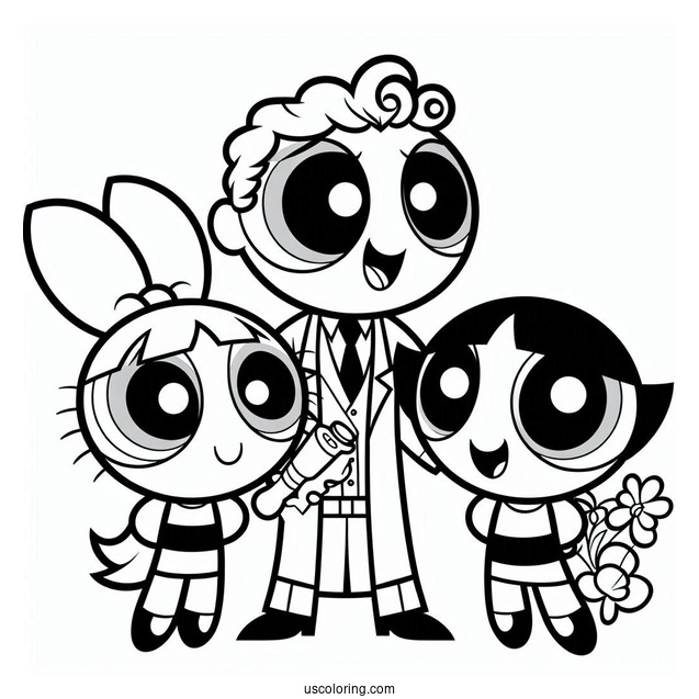 Bubbles, Blossom, And Buttercup With Professor Utonium