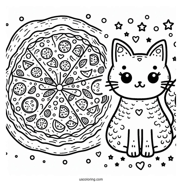 Cat Shaped Pizza Coloring Page