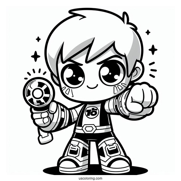 Ben 10 Coloring Page Of Kawaii Ben Ten Holding Up Omnitrix For Preschoolers