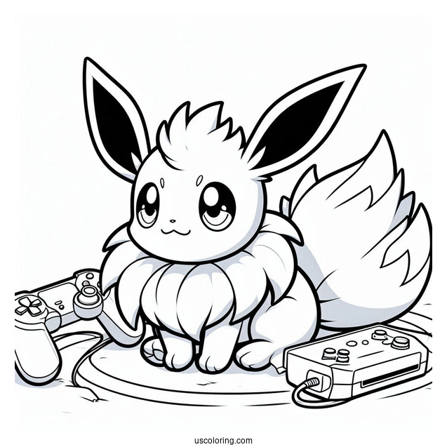 Baby Jolteon Coloring Page With Gaming Console In Background