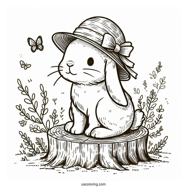 Rabbit Coloring Page With A Hat Sitting On A Tree Stump