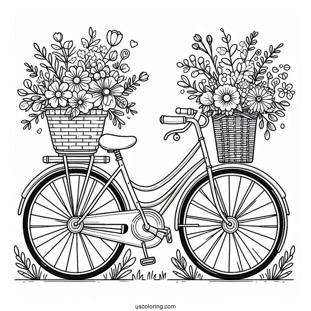 Cute Bicycle Coloring Page With Basket Full Of Flowers For Kids