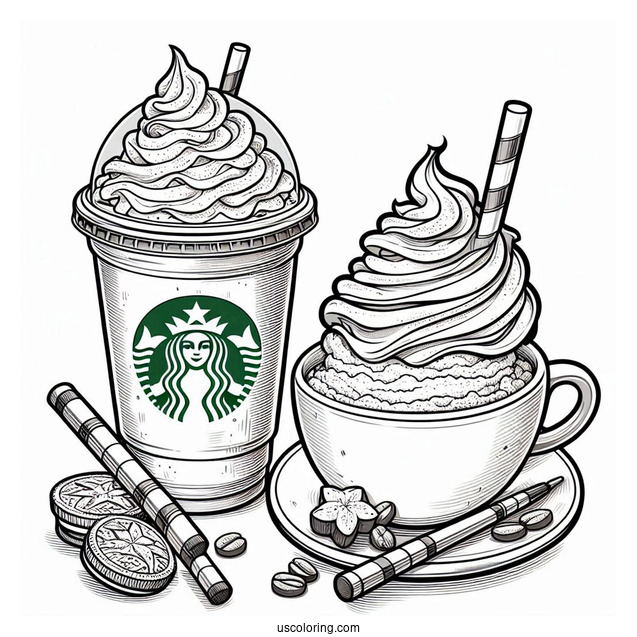 Realistic Starbucks Frappe And Hot Coffee Coloring Page