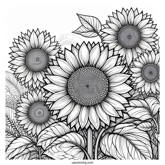 Detailed Adult Coloring Page Of Sunflowers