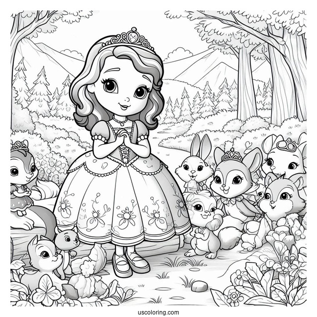 Sofia The First Coloring Page In The Forest With Animal Friends