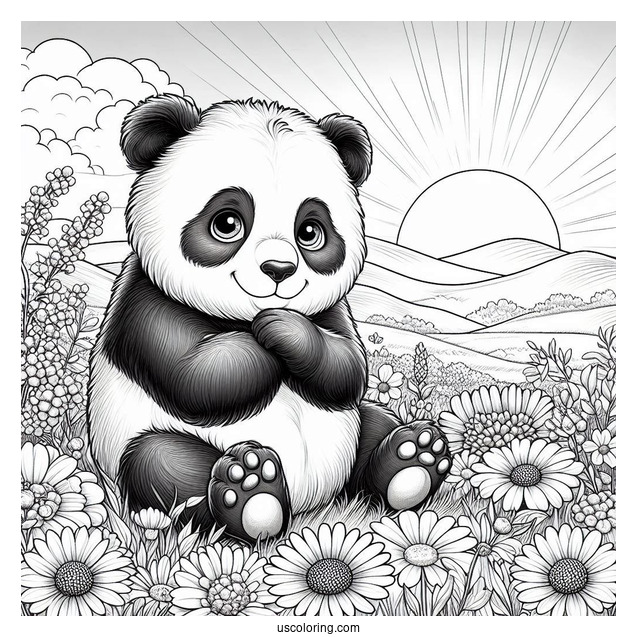 Realistic Panda Coloring Page Sitting in Flower Field with Sunrise in Background