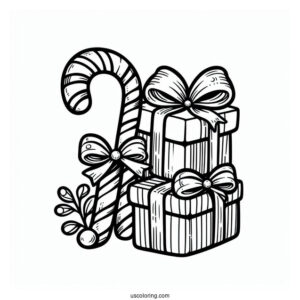 Candy Cane With Christmas Presents To Color