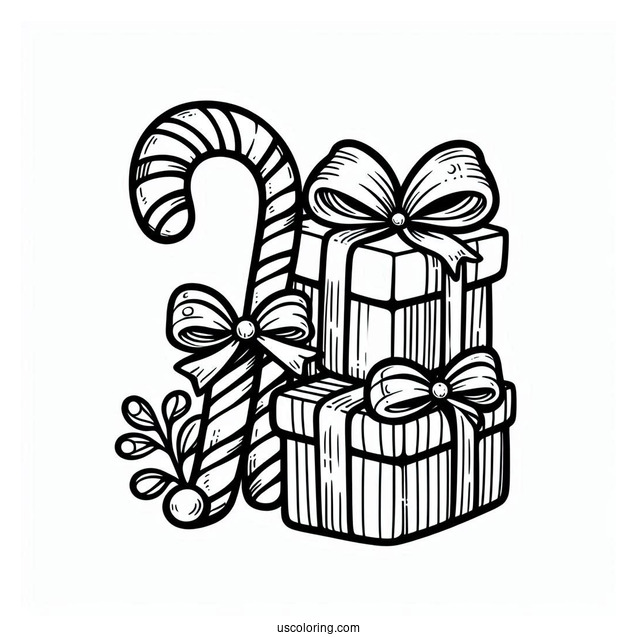 Candy Cane With Christmas Presents To Color