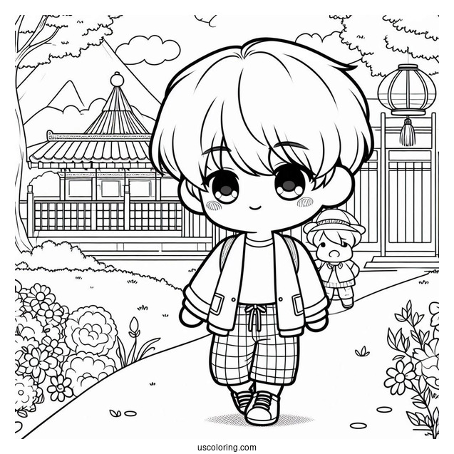 Cute Coloring Page Chibi Boys Walking In The Park For Kids